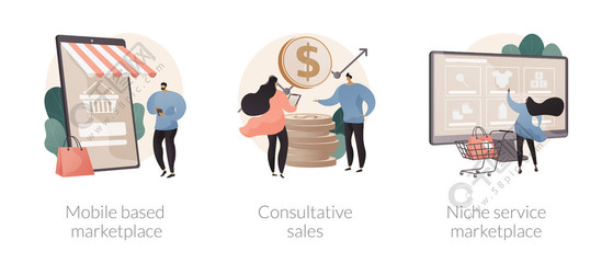 電子商務應用程序抽象概念矢量插圖集?；谝苿拥氖袌觥⒆稍冧N售、利基服務在線零售、使用智能手機抽象隱喻買賣產品。電子商務應用程序抽象概念矢量插圖。